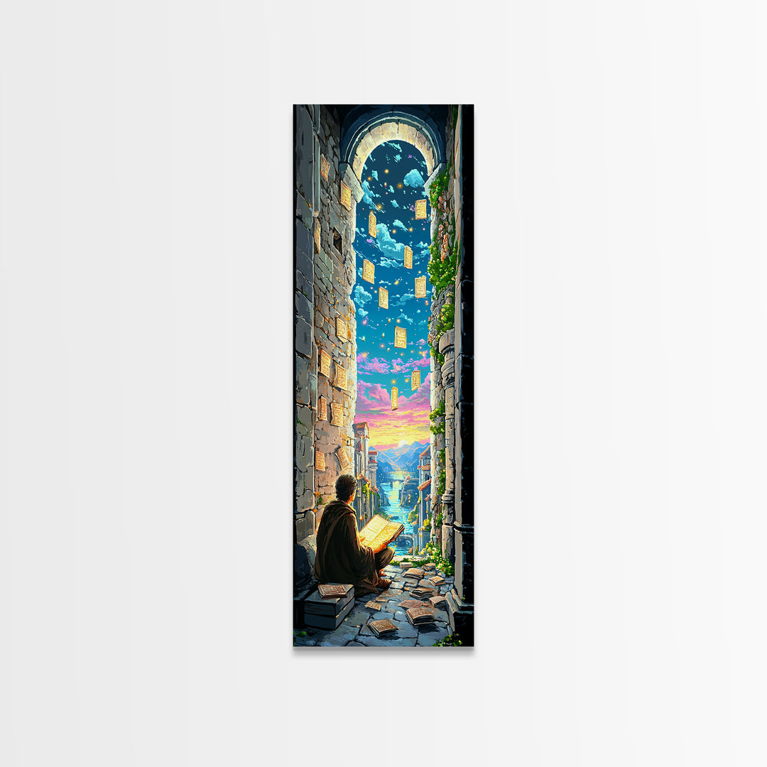 Scholar Reading Under Stone Arch Canvas Print, Floating Pages Fantasy Wall Decor, Magical Library Art For Book Lovers Gift