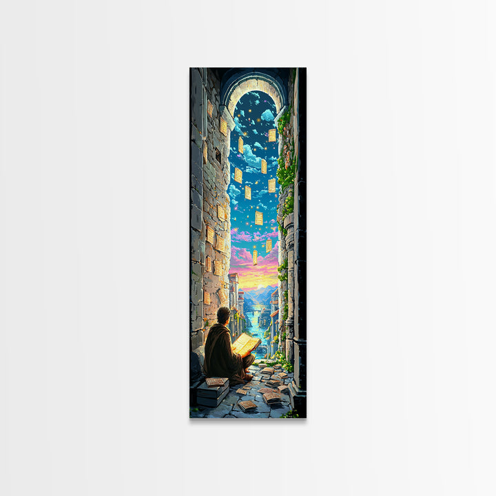 Scholar Reading Under Stone Arch Canvas Print, Floating Pages Fantasy Wall Decor, Magical Library Art For Book Lovers Gift