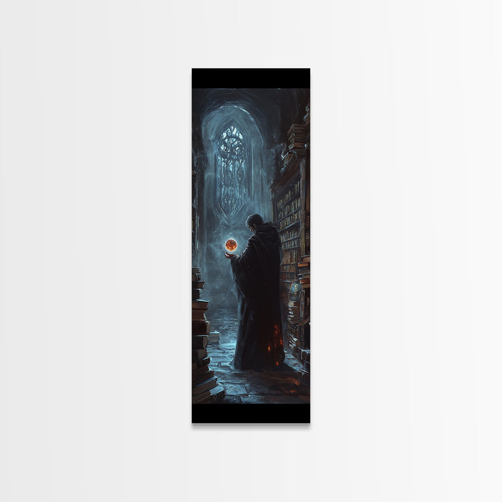 Cloaked Wizard In Gothic Library Framed Canvas Print, Dark Academia Fantasy Wall Decor, Mystical Bookish Art For Study Room Decor