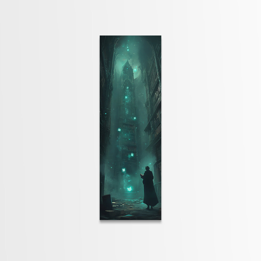 Dark Gothic Tower In Misty Alley Wall Art, Fantasy Cityscape Print, Moody Library Decor, Dark Academia Wall Decor Gift For Him