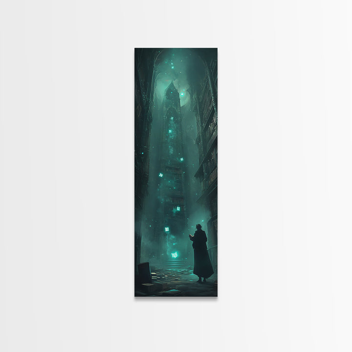 Dark Gothic Tower In Misty Alley Wall Art, Fantasy Cityscape Print, Moody Library Decor, Dark Academia Wall Decor Gift For Him