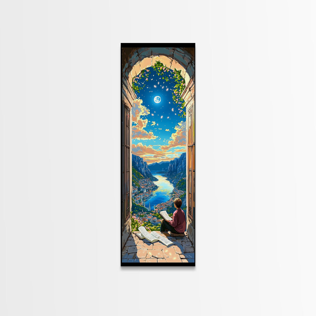 Reader In Arched Window Over Moonlit Valley Framed Canvas Print, Bookish Wall Art, Cozy Library Decor, Fantasy Art Print Gift