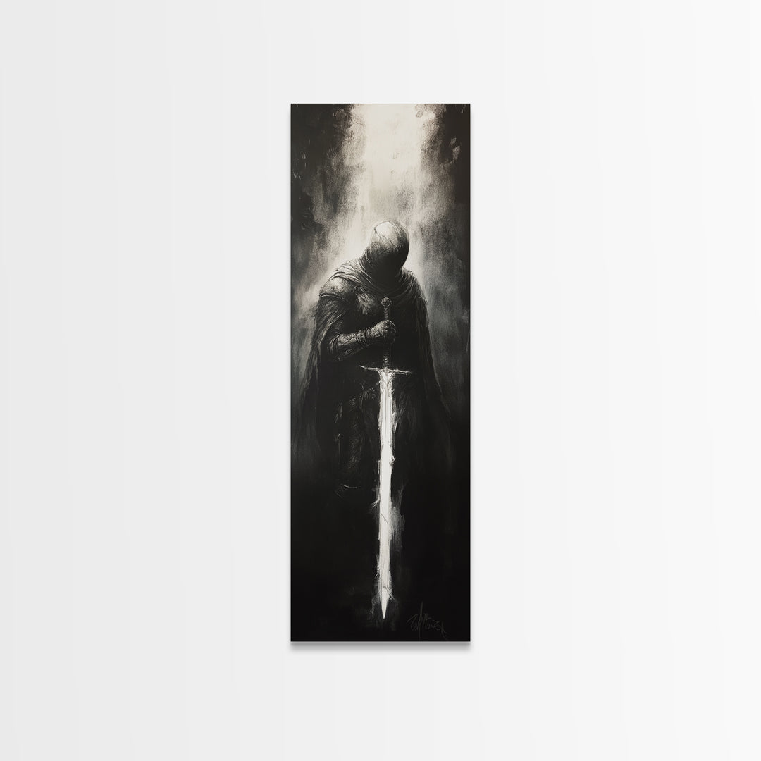Hooded Knight With Glowing Sword Wall Art, Black And White Fantasy Print, Gothic Dark Academia Decor, Medieval Sword Art