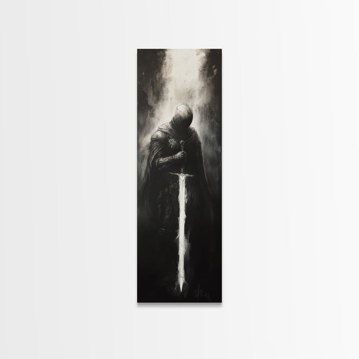 Hooded Knight With Glowing Sword Wall Art, Black And White Fantasy Print, Gothic Dark Academia Decor, Medieval Sword Art