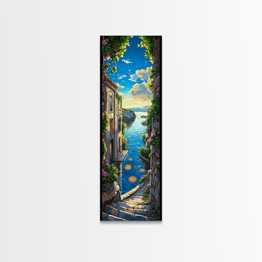 Sunlit Mediterranean Seaside Stairway Wall Art, Coastal Village Canvas Print, Italian Decor, Travel Poster, Beach House Gift