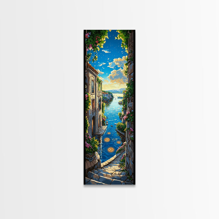 Sunlit Mediterranean Seaside Stairway Wall Art, Coastal Village Canvas Print, Italian Decor, Travel Poster, Beach House Gift