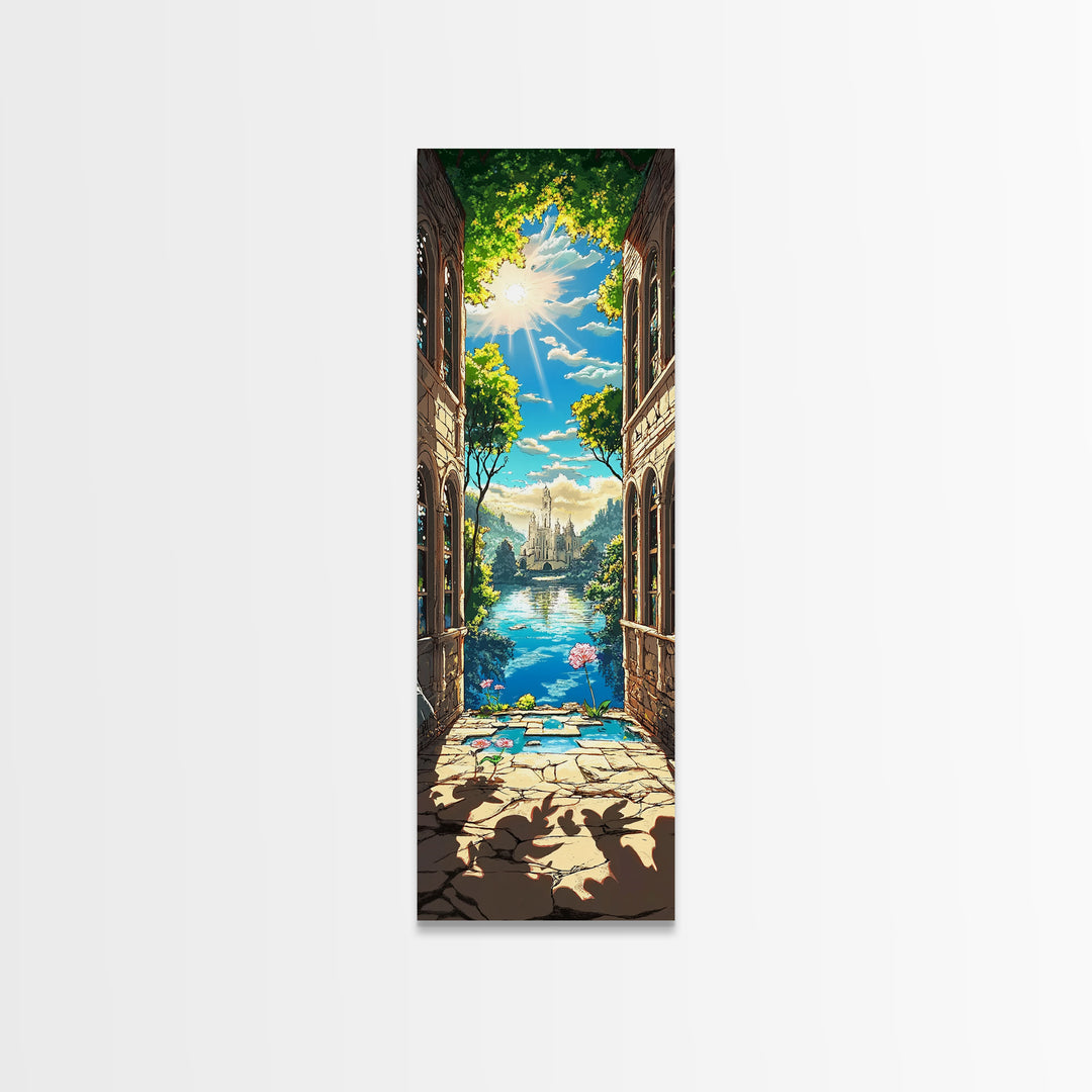 Sunlit Ruins Archway To Castle Lake Canvas Print, Fantasy Landscape Wall Art, Magical Nature Decor, Serene Travel Poster