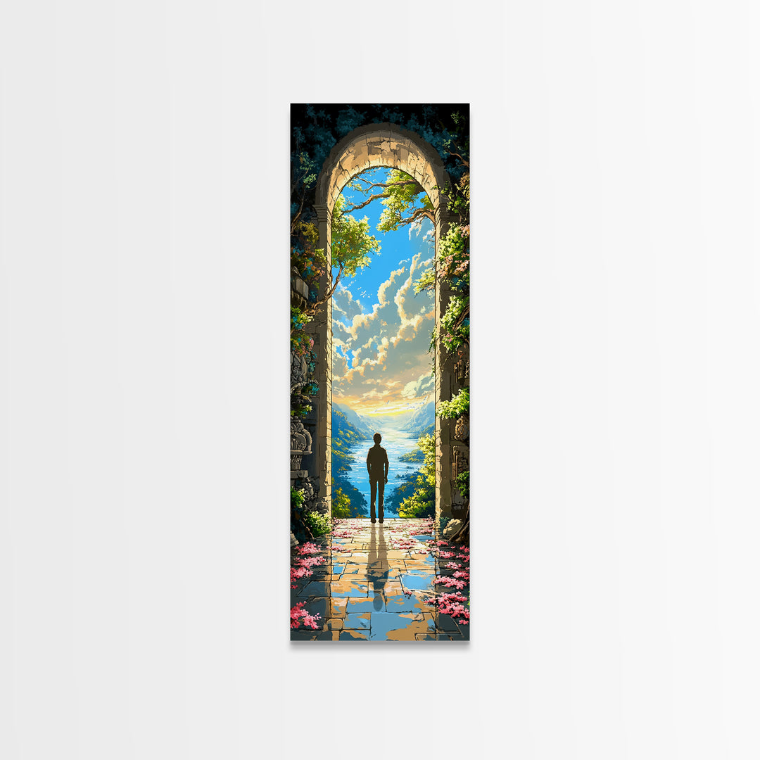 Solitary Figure In Sunlit Ocean Archway Framed Canvas Print, Coastal Fantasy Wall Art, Serene Landscape Decor Gift For Home