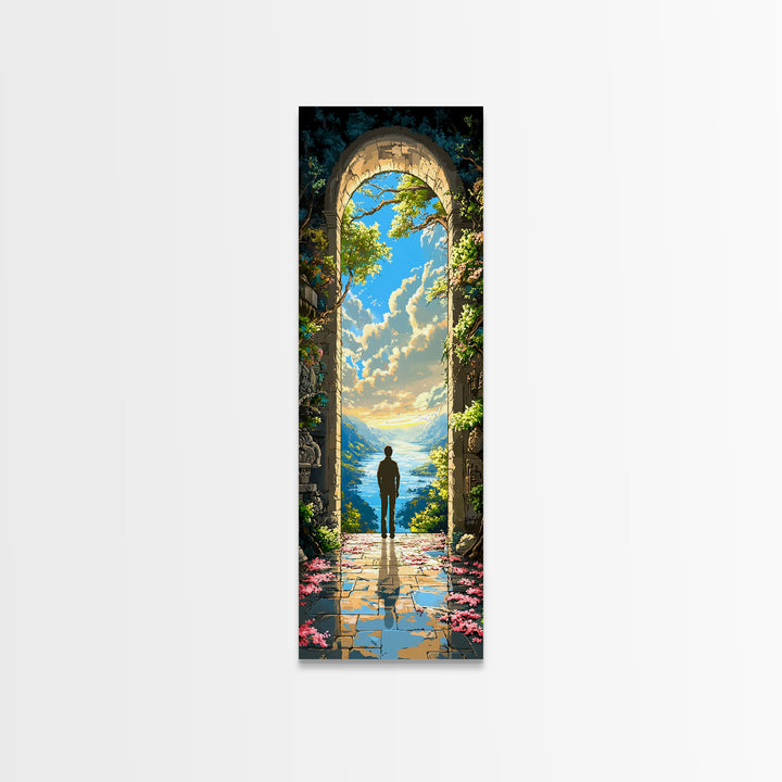 Solitary Figure In Sunlit Ocean Archway Framed Canvas Print, Coastal Fantasy Wall Art, Serene Landscape Decor Gift For Home