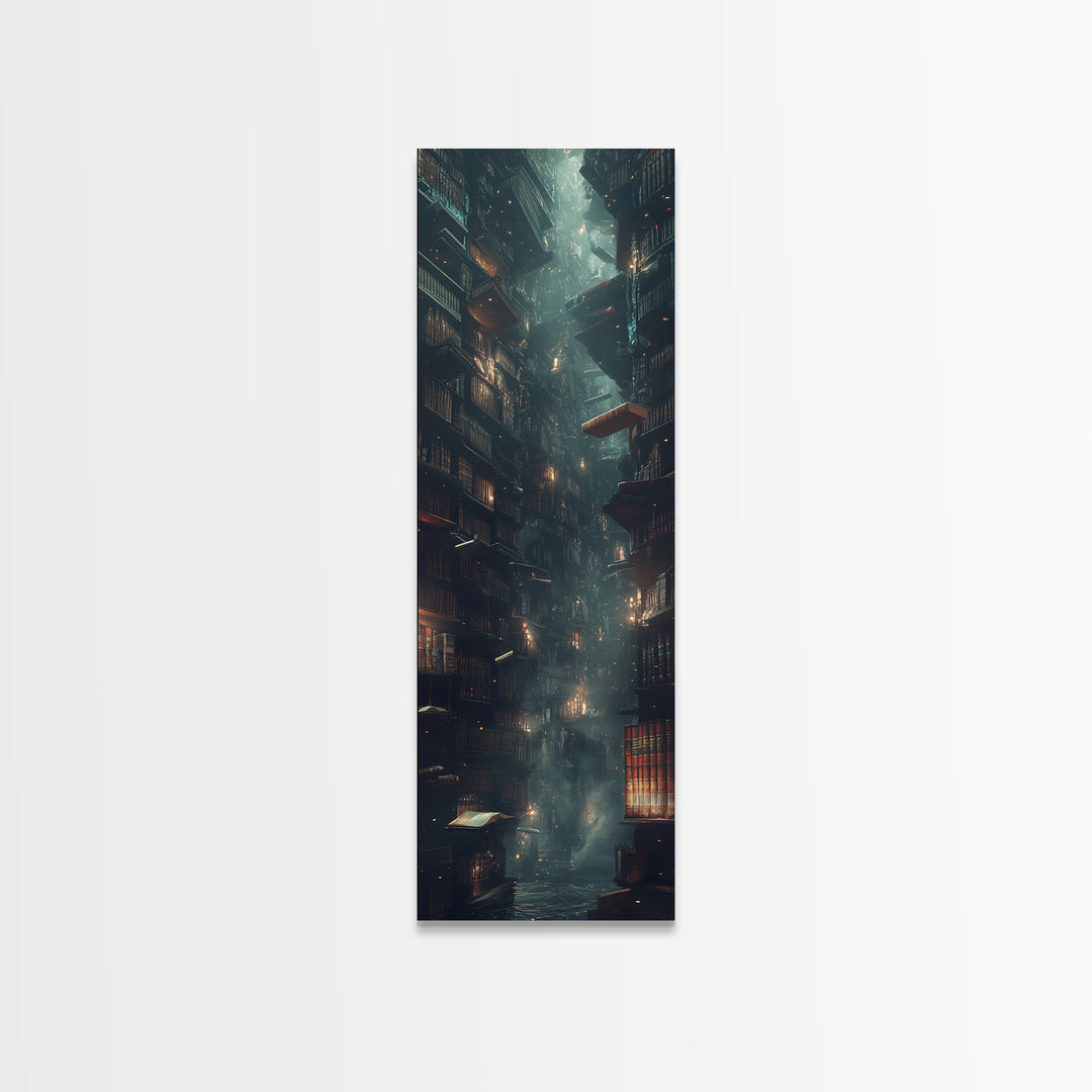Towering Dark Library With Floating Book Wall Art, Moody Bookish Decor, Dark Academia Fantasy Print For Gothic Reading Nook