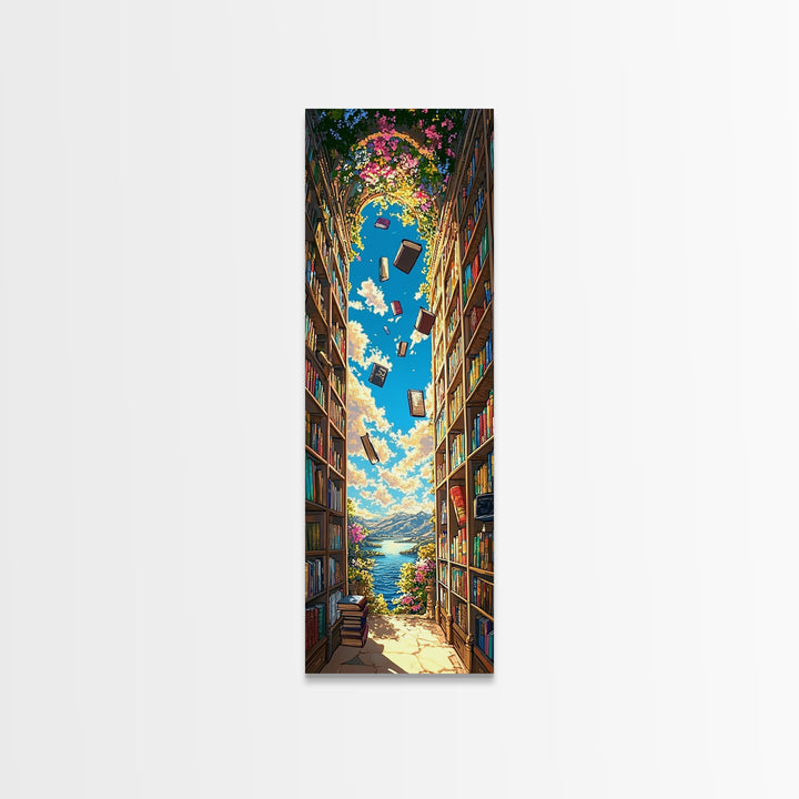 Blooming Library Arch With Floating Books Wall Art, Whimsical Book Lover Decor, Coastal Reading Nook Print, Colorful Art