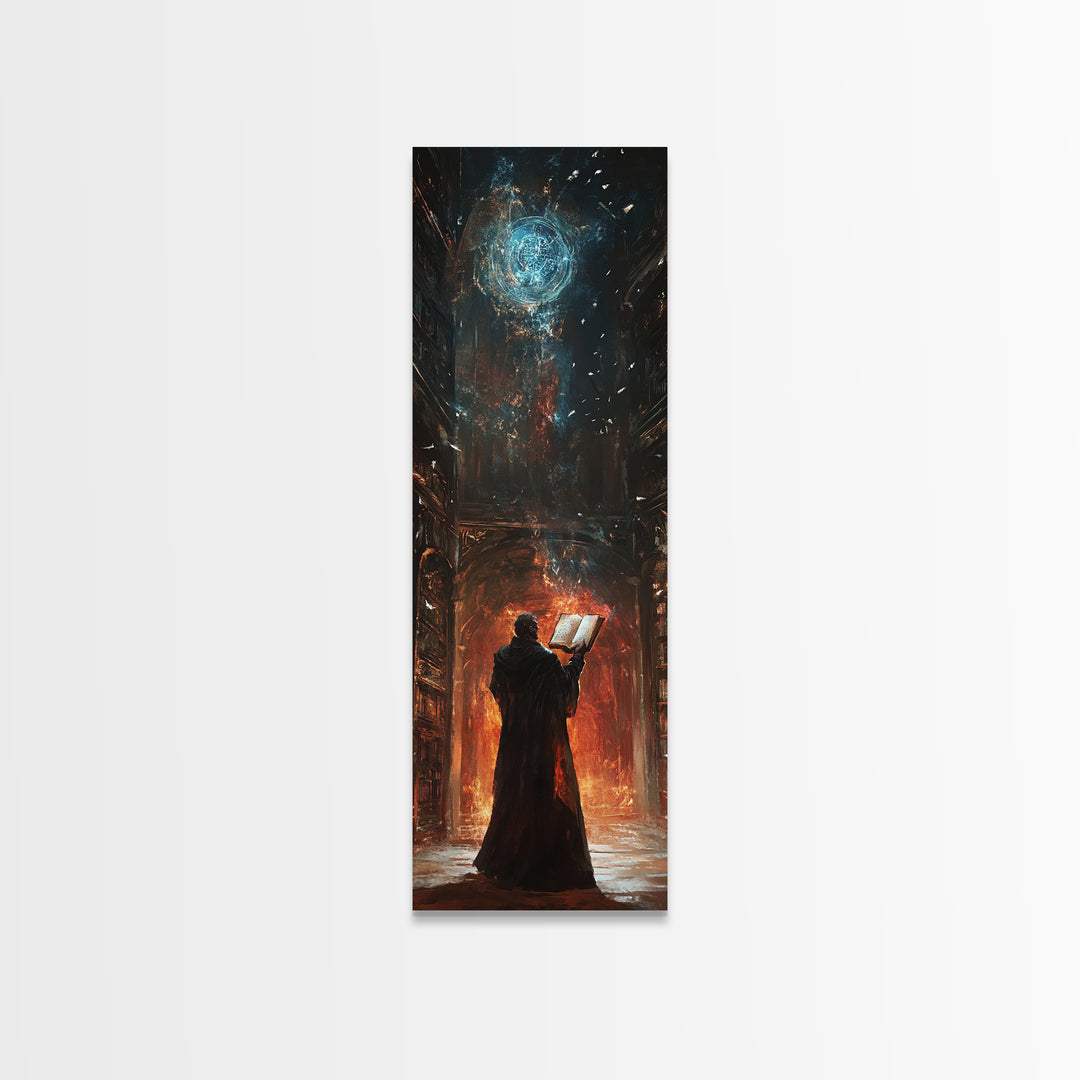 Wizard Reading Spellbook Under Celestial Orb Canvas Print, Dark Academia Fantasy Wall Art, Gothic Library Decor For Book Lovers