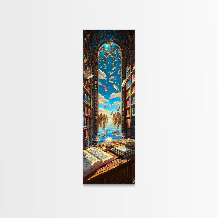 Sunlit Gothic Library Window Over Ocean Canvas Print, Bookish Wall Decor, Coastal Fantasy Art, Reading Nook Home Decor Gift
