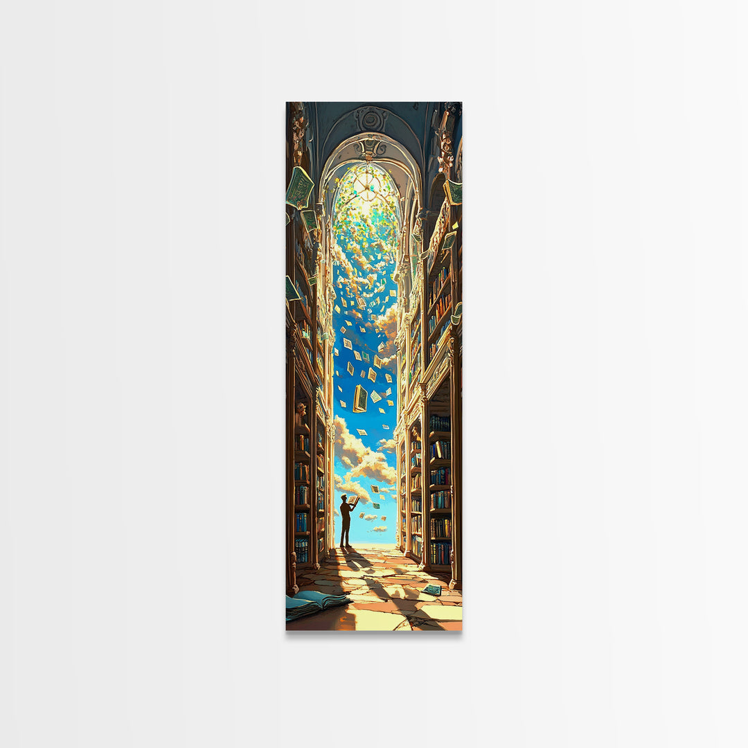 Golden Sky Library Arch With Falling Books Framed Canvas Print, Fantasy Bookish Wall Decor, Dark Academia Reading Gift Decor