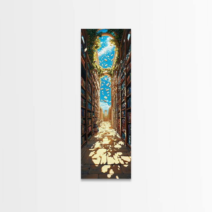 Sunlit Ivy Library Aisle With Floating Books Canvas Print, Bookish Wall Decor, Cozy Reading Nook, Fantasy Home Decor Gift