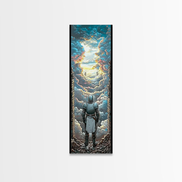 Armored Knight Before Radiant Cloud Portal Wall Art, Fantasy Castle Decor, Medieval Artwork, Inspirational Home Decor Gift