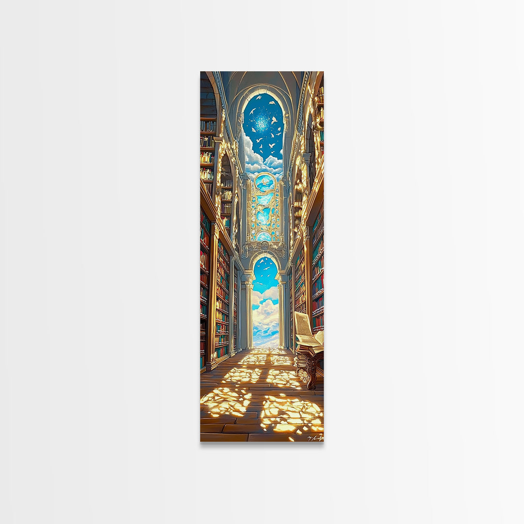 Grand Sunlit Library Hall With Celestial Blue Ceiling Framed Canvas Print, Bookish Wall Decor, Dark Academia Home Gift Decor