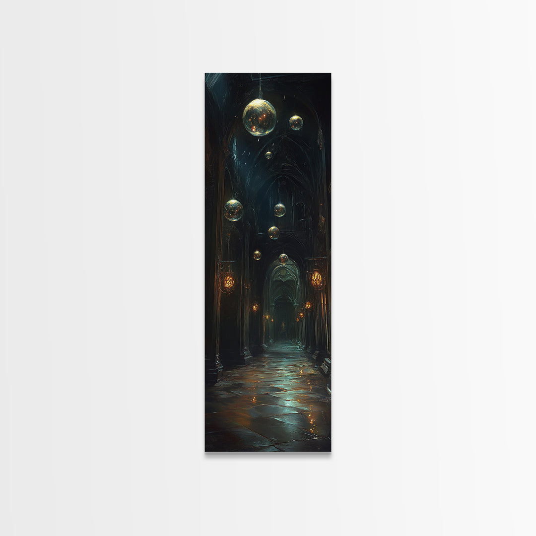 Dark Gothic Hall With Floating Celestial Orbs Canvas Print, Moody Wall Decor, Dark Academia Art, Fantasy Home Gift Office Decor