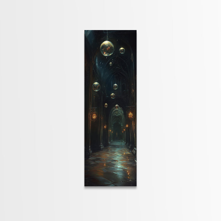 Dark Gothic Hall With Floating Celestial Orbs Canvas Print, Moody Wall Decor, Dark Academia Art, Fantasy Home Gift Office Decor