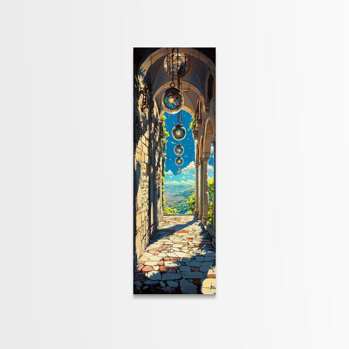 Sunlit Stone Archway With Floating Orbs, Mountain Valley Wall Art, Fantasy Landscape Canvas, Mediterranean Home Decor Print