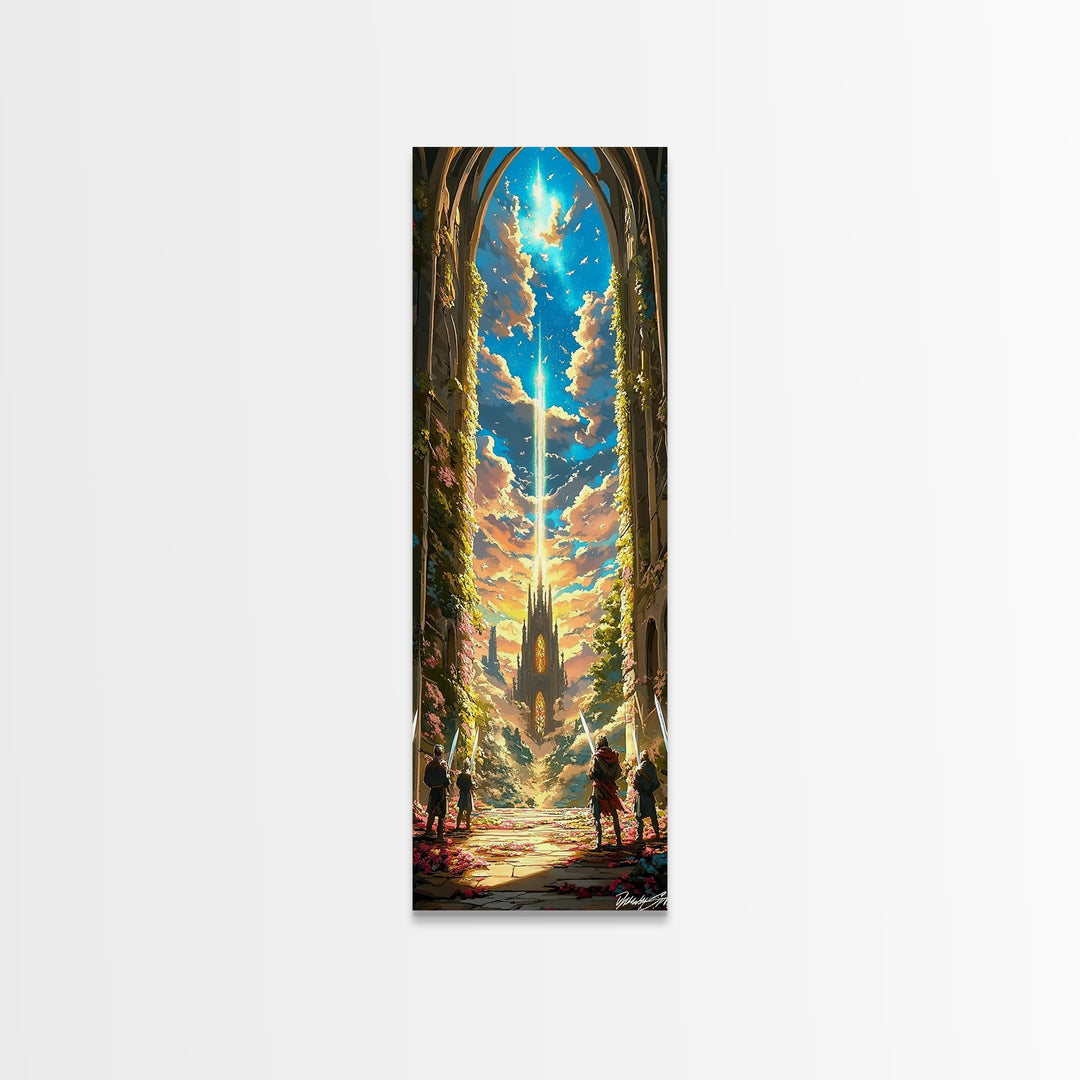 Celestial Cathedral Portal With Radiant Sky Beam Canvas Print, Fantasy Castle Wall Art, Magical Landscape Home Decor Gift For Her