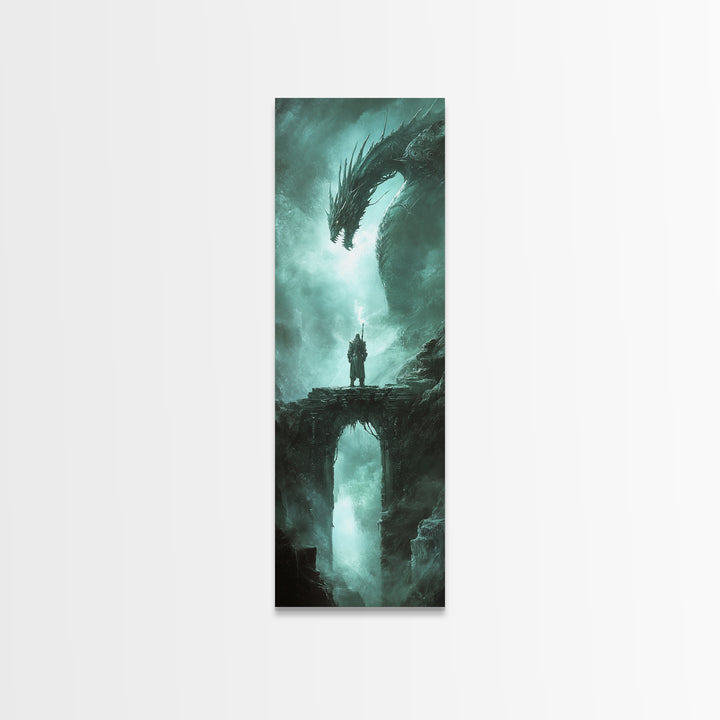 Lone Knight Facing Ancient Dragon Canvas Print, Dark Fantasy Wall Art, Teal Green Gothic Adventure Home Decor Gift For Him