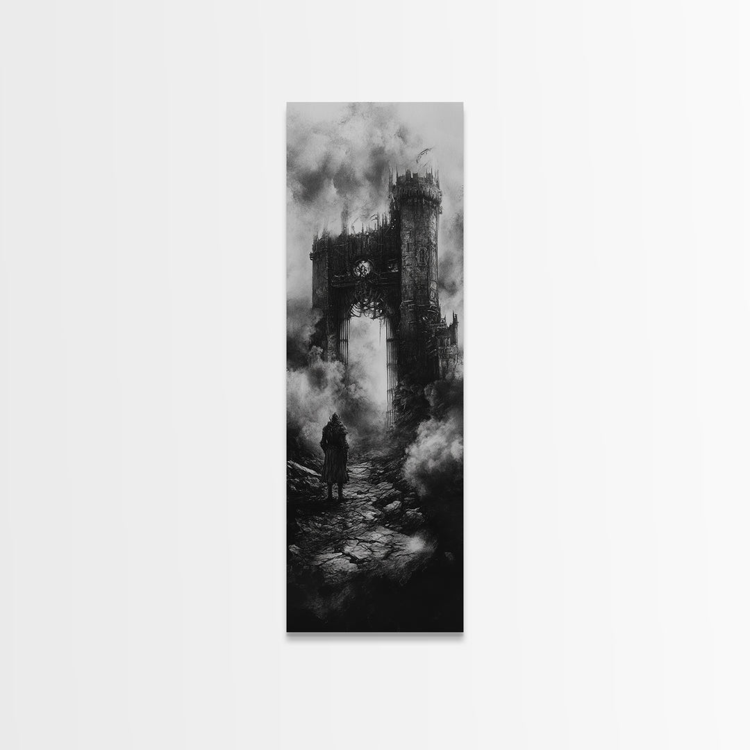 Black And White Gothic Ruin With Lone Wanderer Wall Art, Dark Academia Canvas Print, Moody Castle Home Decor Gift For Him