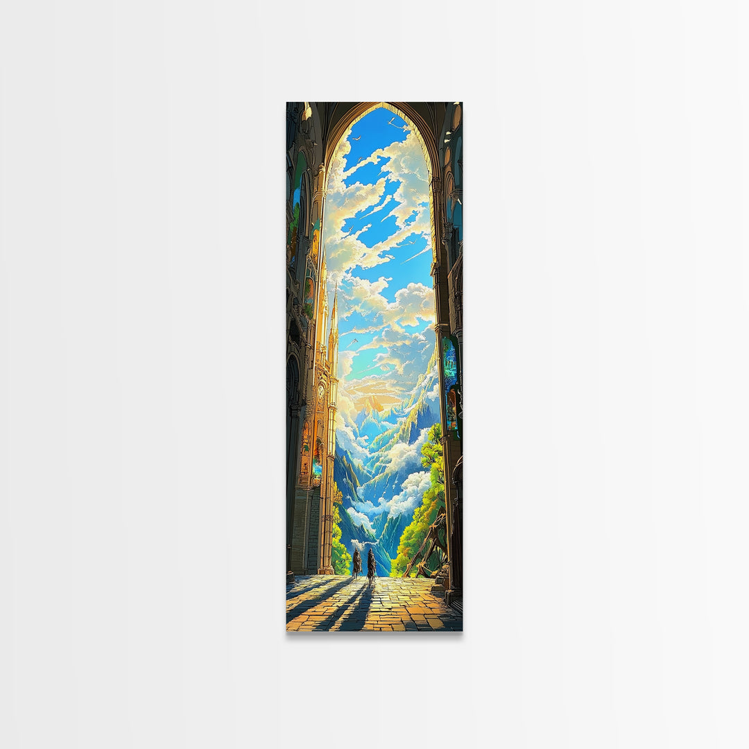 Golden Cathedral Arch Opening To Alpine Mountains Framed Canvas Print, Fantasy Landscape Wall Art, Bright Home Decor Gift