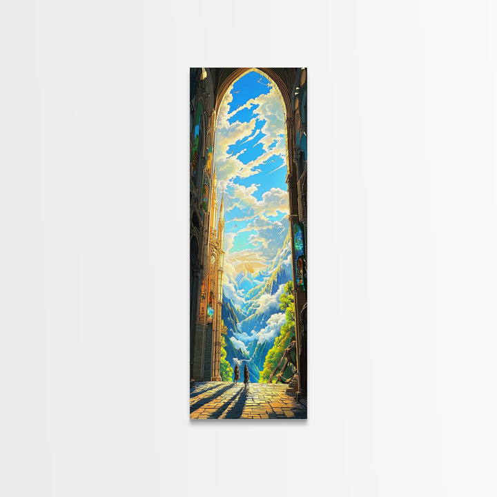 Golden Cathedral Arch Opening To Alpine Mountains Framed Canvas Print, Fantasy Landscape Wall Art, Bright Home Decor Gift