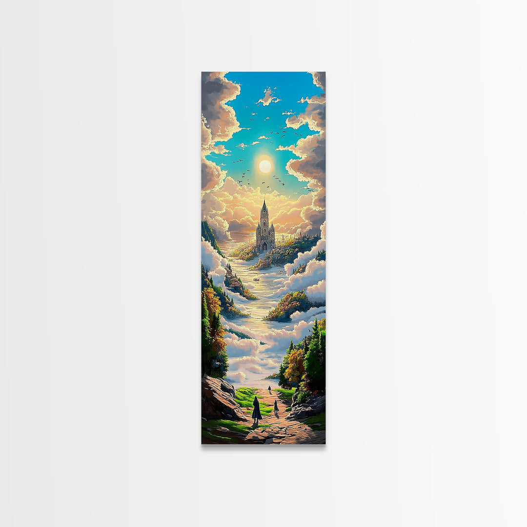 Castle In The Clouds Along Sunlit Valley Canvas Print, Dreamy Fantasy Landscape Wall Art, Whimsical Nursery Decor Gift For Her