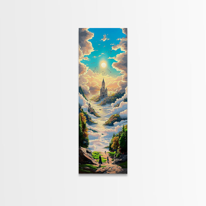 Castle In The Clouds Along Sunlit Valley Canvas Print, Dreamy Fantasy Landscape Wall Art, Whimsical Nursery Decor Gift For Her