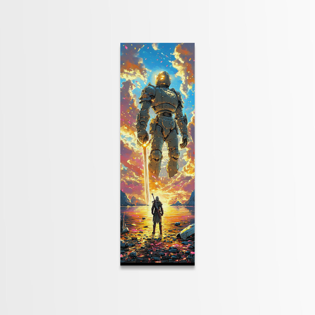 Golden Armored Colossus And Lone Warrior Framed Canvas Print, Epic Fantasy Wall Art, Vibrant Sunset Gaming Room Wall Decor