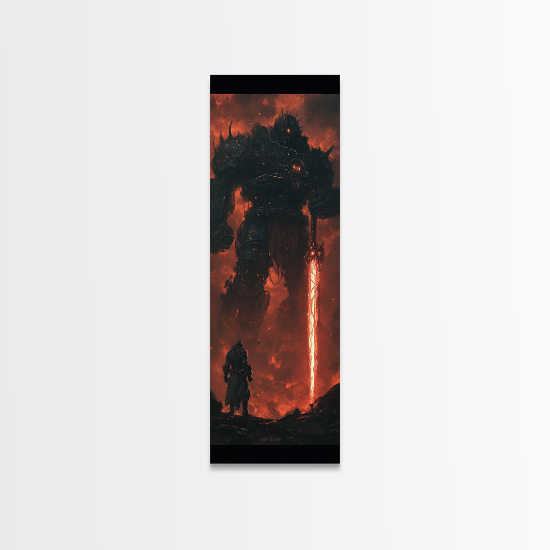 Dark Fire Titan With Crimson Sword Canvas Print, Epic Fantasy Wall Art, Demon Warrior Art Print, Gothic Gaming Room Decor