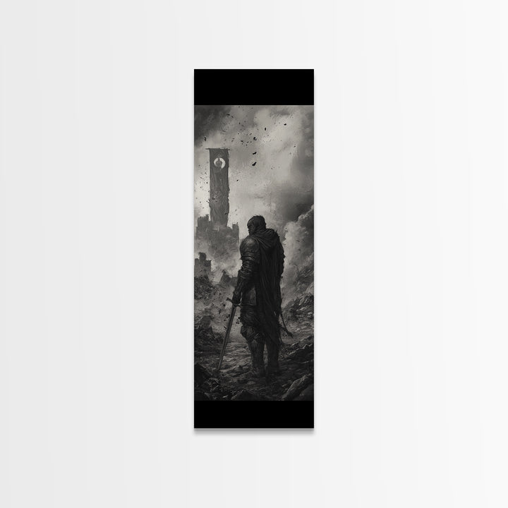 Black And White Lone Knight Near Ruined Tower Wall Art, Dark Fantasy Print, Medieval Landscape, Gothic Office Wall Decor