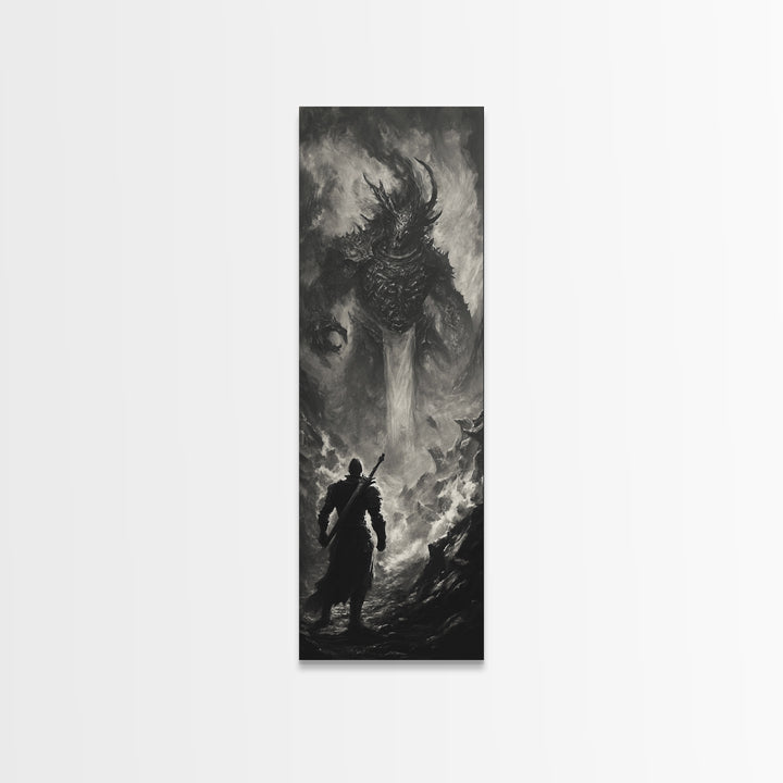Monochrome Horned Demon Facing Warrior Framed Canvas Print, Dark Fantasy Wall Art, Gothic Black And White Art Decor For Office