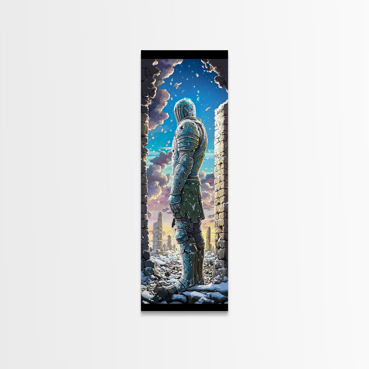 Snowy Armored Knight In Ruined Stone Gate Canvas Print, Fantasy Wall Art, Blue Winter Landscape, Medieval Home Wall Decor