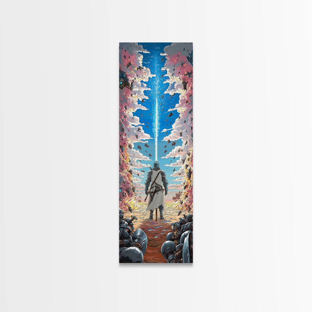 Silver Knight Beneath Celestial Blue Beam Wall Art, Epic Fantasy Print, Cherry Blossom Sky, Vibrant Gaming Room Wall Decor