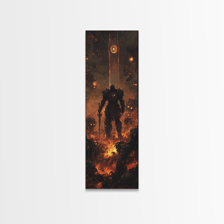 Ember Warrior In Fiery Ruins Framed Canvas Print, Dark Fantasy Wall Art, Gothic Dungeon Scene, Moody Game Room Wall Decor