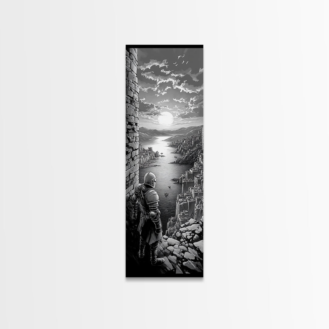 Black And White Knight Over Coastal City Wall Art, Medieval Seascape Print, Gothic Landscape, Fantasy Living Room Wall Decor