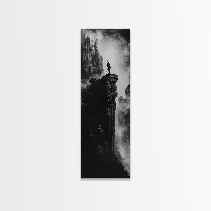 Lone Warrior On Gothic Cliff Wall Art, Dark Fantasy Castle Print, Black And White Canvas, Moody Medieval Decor, Fantasy Gift For Him