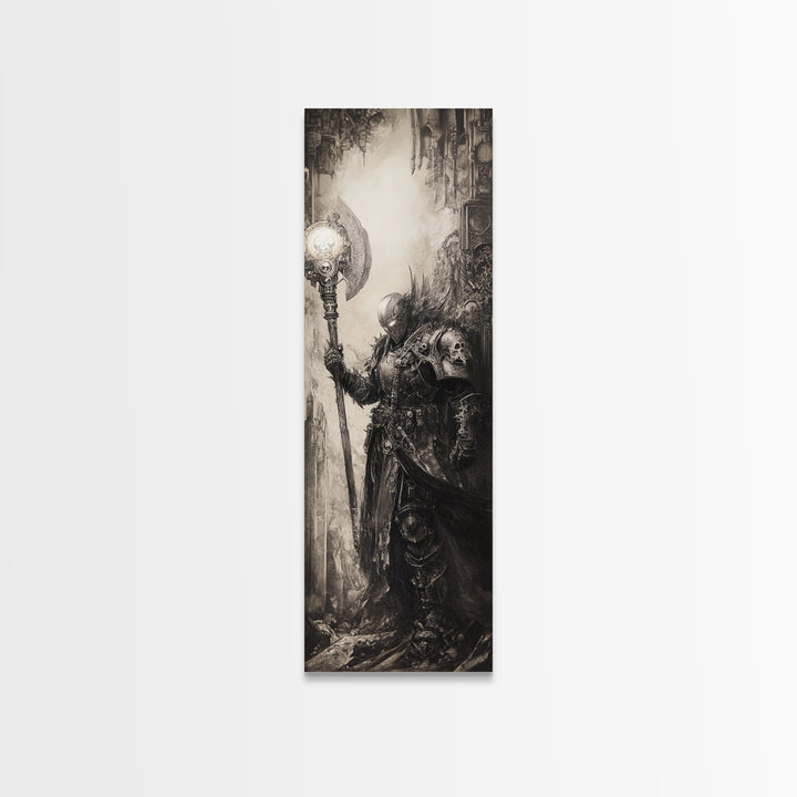Armored Knight With Glowing Axe Framed Canvas Print, Gothic Fantasy Wall Art, Black And White Medieval Office Decor, Gift For Him