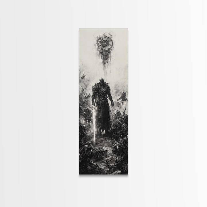 Dark Spiked Warrior Battlefield Wall Art, Gothic Fantasy Canvas Print, Black And White Surreal Art, Medieval Game Room Decor