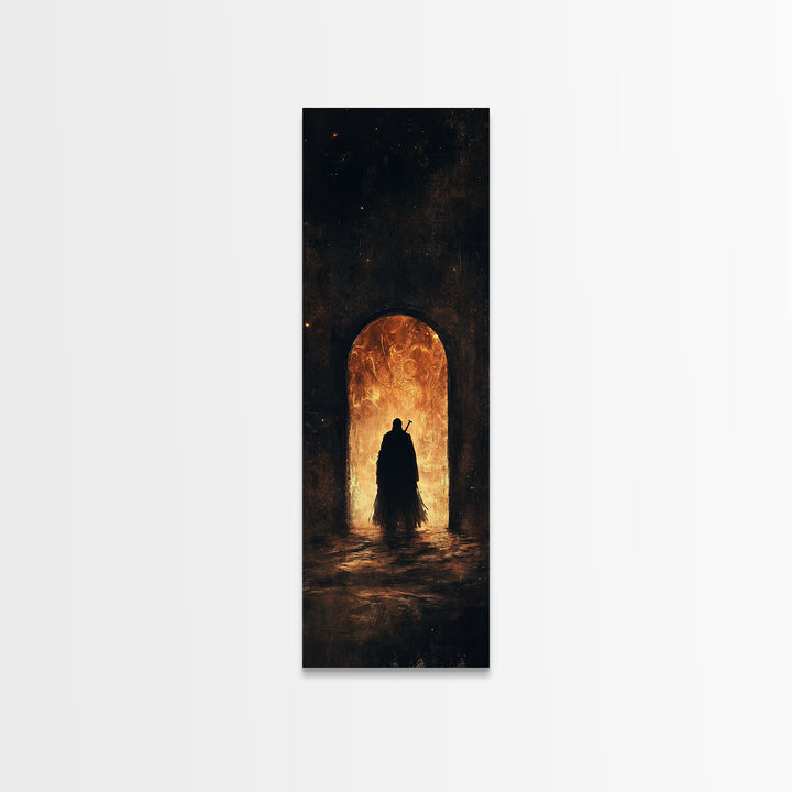 Cloaked Figure Before Fiery Portal Wall Art, Dark Fantasy Canvas Print, Gothic Arch Decor, Moody Surreal Art Gift For Him