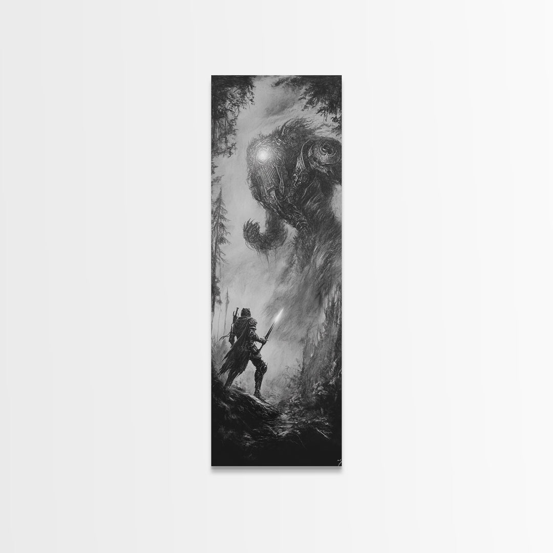 Warrior Facing Forest Giant Wall Art, Black And White Fantasy Canvas Print, Dark Surreal Creature Decor, Gothic Gift For Him