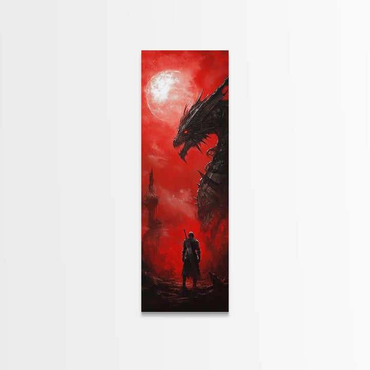 Black Dragon Red Moon Wall Art, Dark Fantasy Canvas Print, Gothic Warrior Decor, Medieval Monster Living Room Artwork Gift
