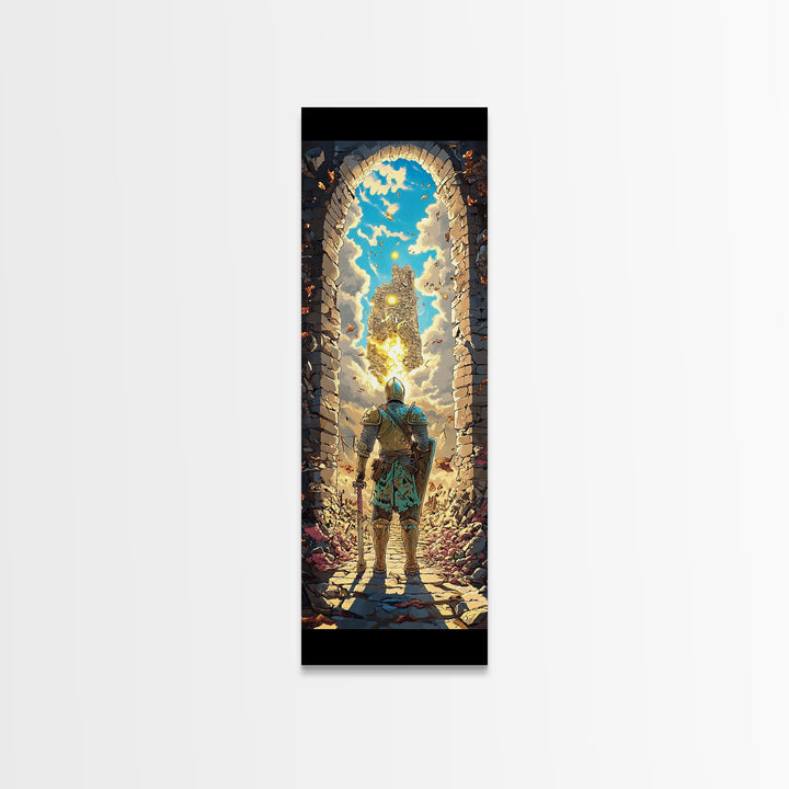 Knight At Golden Portal Framed Canvas Print, Fantasy Castle Wall Art, Medieval Adventure Decor, Magical Entryway Artwork