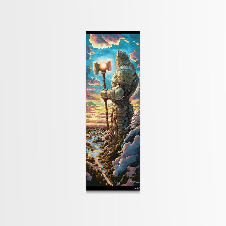 Colossal Stone Knight Canvas Print, Epic Fantasy Guardian Wall Art, Medieval Statue Decor, Sunset Mountain Statement Art
