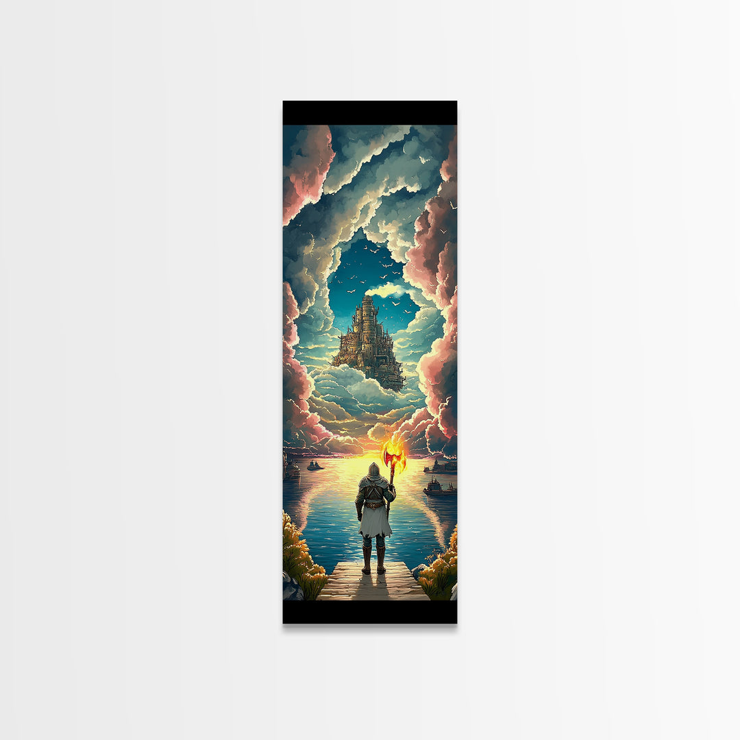 Torch Bearer Floating Castle Canvas Print, Fantasy Sky Portal Wall Art, Medieval Adventure Decor, Magical Lake Artwork Gift