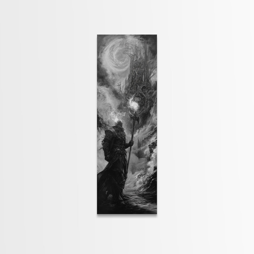 Storm Wizard And Dark Citadel Wall Art, Black And White Fantasy Canvas Print, Gothic Sorcerer Decor, Medieval Office Art