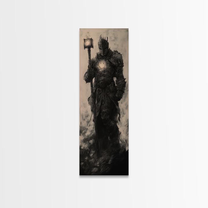 Dark Armored Knight With Glowing Lantern, Gothic Fantasy Wall Art, Black And White Medieval Canvas, Dark Academia Decor Print